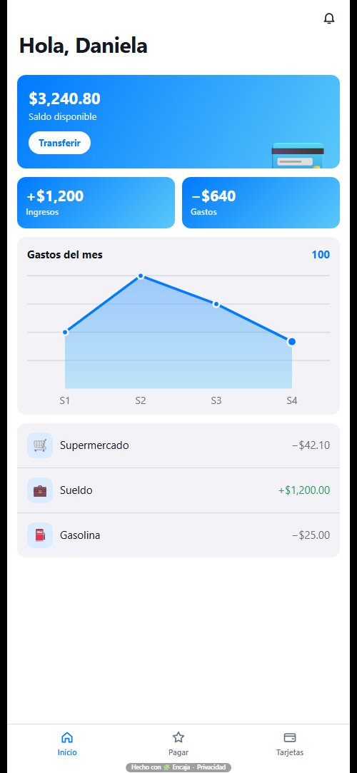 Pantalla de inicio de la app para banco o billetera hecha con Encaja
