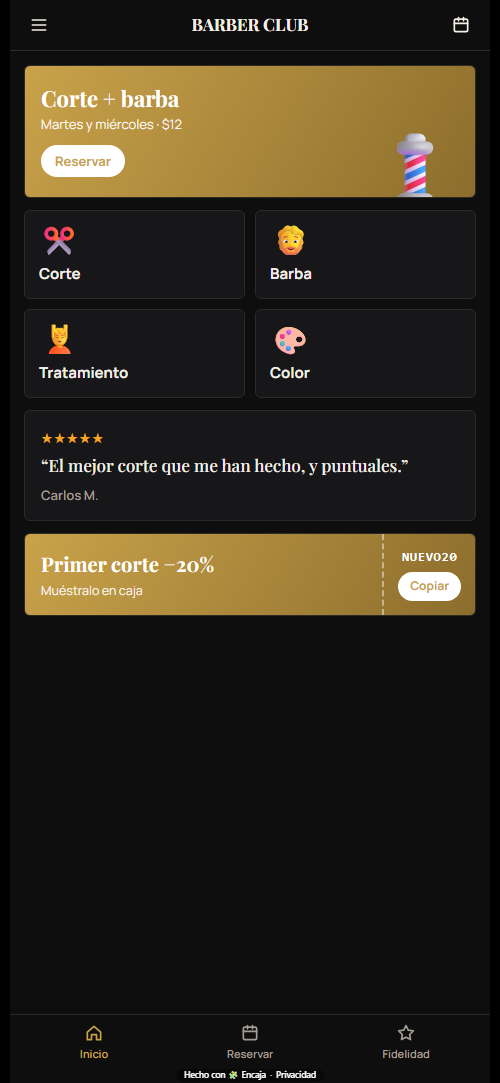 Pantalla de inicio de la app para barbería o salón hecha con Encaja