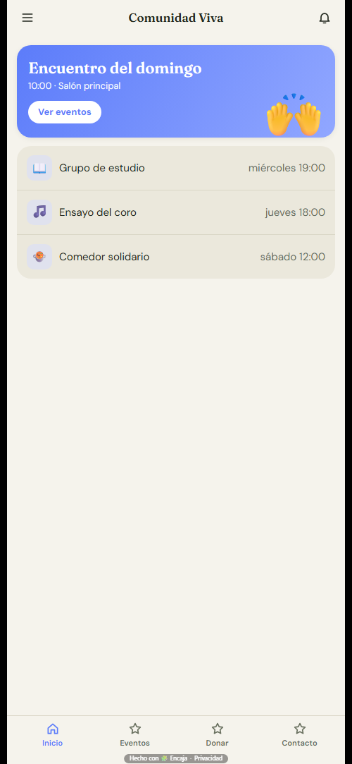 Pantalla de inicio de la app para comunidad o iglesia hecha con Encaja