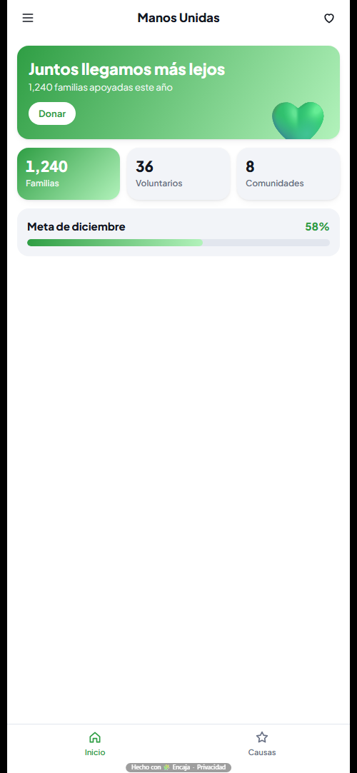 Pantalla de inicio de la app para donaciones / ONG hecha con Encaja