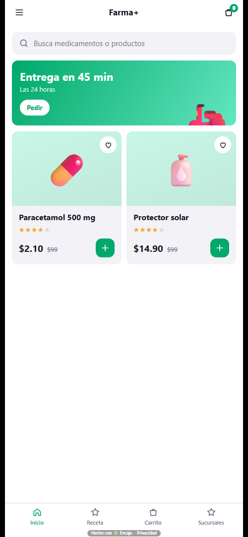 Pantalla de inicio de la app para farmacia hecha con Encaja