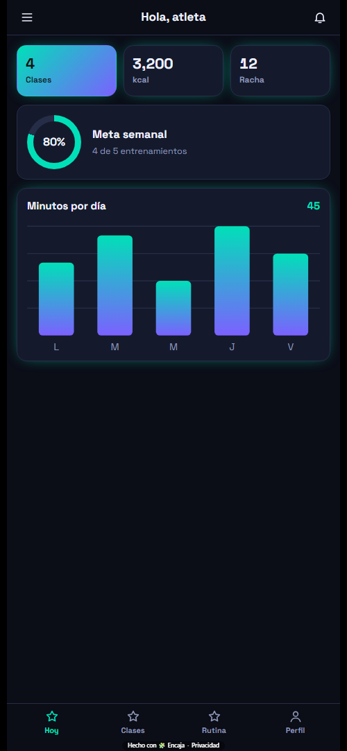 Pantalla de inicio de la app para gimnasio hecha con Encaja