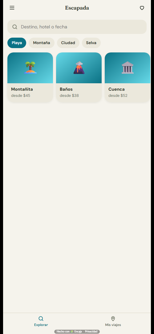 Pantalla de inicio de la app para hoteles y viajes hecha con Encaja