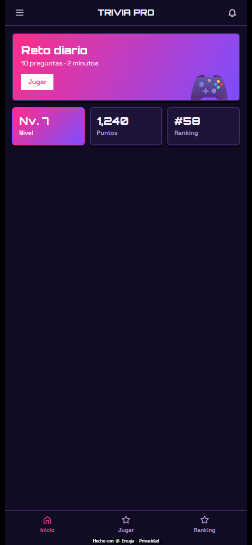 Pantalla de inicio de la app para juego de preguntas hecha con Encaja