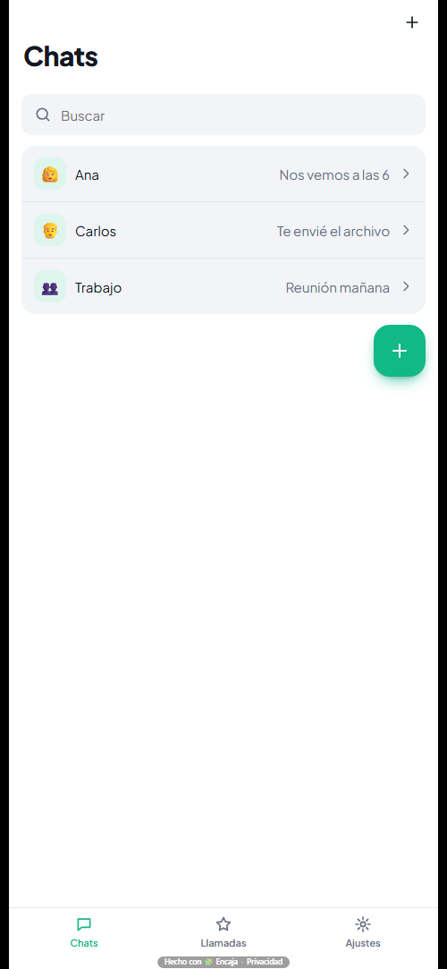 Pantalla de inicio de la app para mensajería hecha con Encaja
