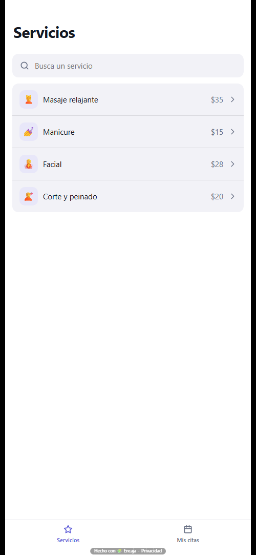 Pantalla de inicio de la app para reservas y citas hecha con Encaja