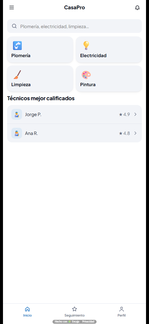 Pantalla de inicio de la app para servicios a domicilio hecha con Encaja