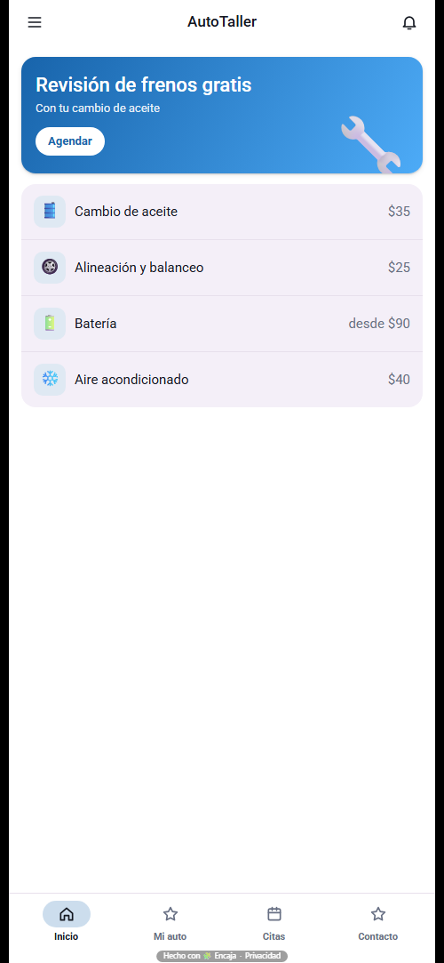 Pantalla de inicio de la app para taller mecánico hecha con Encaja
