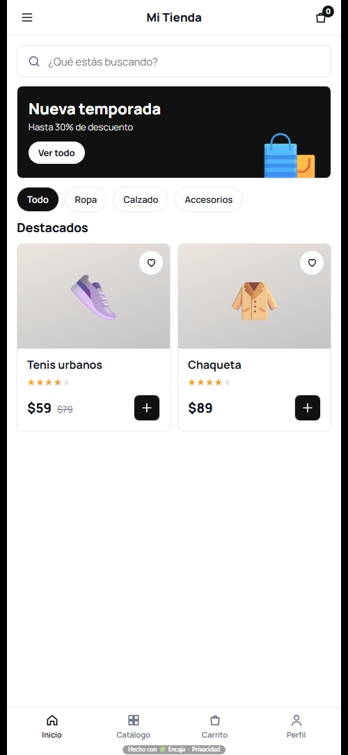 Pantalla de inicio de la app para tienda en línea hecha con Encaja